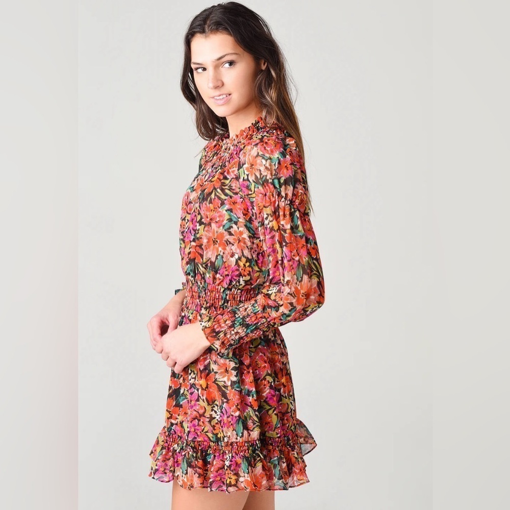 Misa Los Angeles Marin Floral Long Sleeve Mini Dress, Ruffle, Pleated, Size L